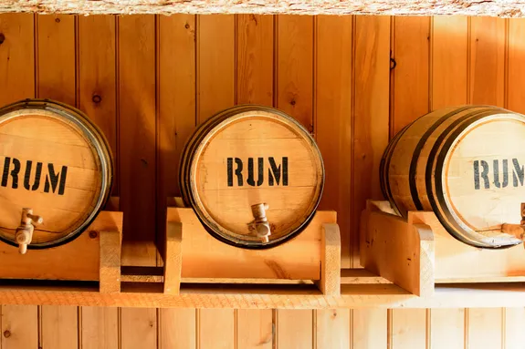 Three wooden barrels marked “RUM” lined up in a distillery cellar.